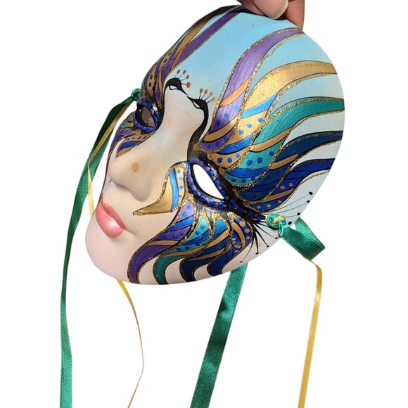 Face Mask Hand Painted with Ribbons Wall Hanging Art Wall Decor - Picture 3 of 7